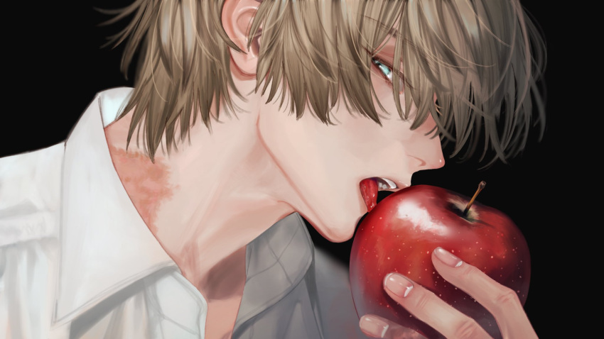 1boy 88in apple aqua_eyes black_background blonde_hair burn_scar close-up collared_shirt expressionless fingernails food from_side fruit hand_up head_tilt highres holding holding_food holding_fruit leaning_to_the_side licking long_bangs looking_at_viewer male_focus open_mouth original scar shirt simple_background solo teeth tongue tongue_out upper_teeth_only white_shirt