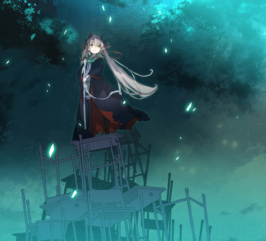 1girl black_robe desk green_background heaven_burns_red highres holding holding_sword holding_weapon horns long_hair looking_afar night ogasawara_hisame ribbon robe school_desk solo standing sword twintails very_long_hair weapon white_hair yellow_eyes yuugen
