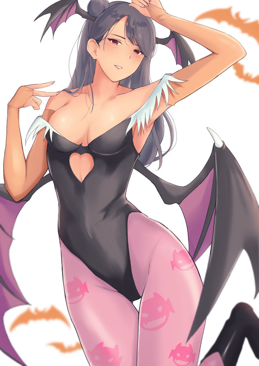 1girl absurdres alternate_costume animal_print arm_up armpits bare_shoulders bat_print bat_wings blush boots breasts bridal_gauntlets clothing_cutout collarbone cosplay cowboy_shot demon_girl fur-trimmed_leotard fur_trim hair_bun head_wings heart_cutout highres leotard light_smile long_hair looking_at_viewer love_live! love_live!_sunshine!! low_wings mature_female medium_breasts morrigan_aensland morrigan_aensland_(cosplay) off-shoulder_leotard pantyhose pink_pantyhose print_pantyhose purple_hair purple_pantyhose purple_wings red_eyes single_side_bun smile solo teeth tsushima_yoshiko's_mother ub_takami v vampire_(game) white_background wings