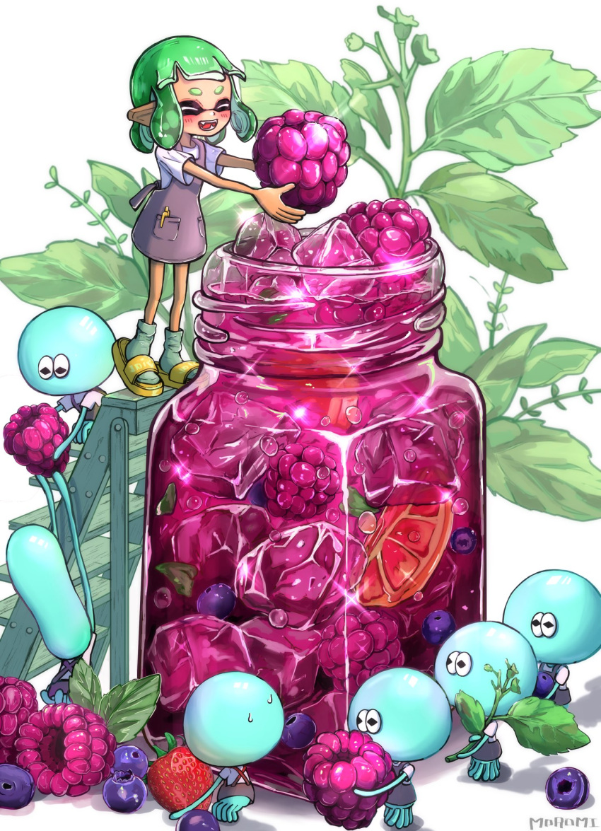 1girl :d ^_^ apron artist_name blueberry blush brown_apron closed_eyes cup drink drinking_glass english_commentary fangs food fruit full_body green_hair green_socks grey_apron highres holding holding_food holding_fruit holding_leaf ice ice_cube inkling inkling_girl inkling_player_character jellyfish_(splatoon) ladder leaf medium_hair moromi_(kscd4482) open_mouth oversized_object pen_in_pocket pocket pointy_ears raspberry sandals shirt short_eyebrows short_sleeves smile socks splatoon_(series) splatoon_3 strawberry suction_cups sweat tentacle_hair white_background white_shirt wooden_ladder yellow_footwear