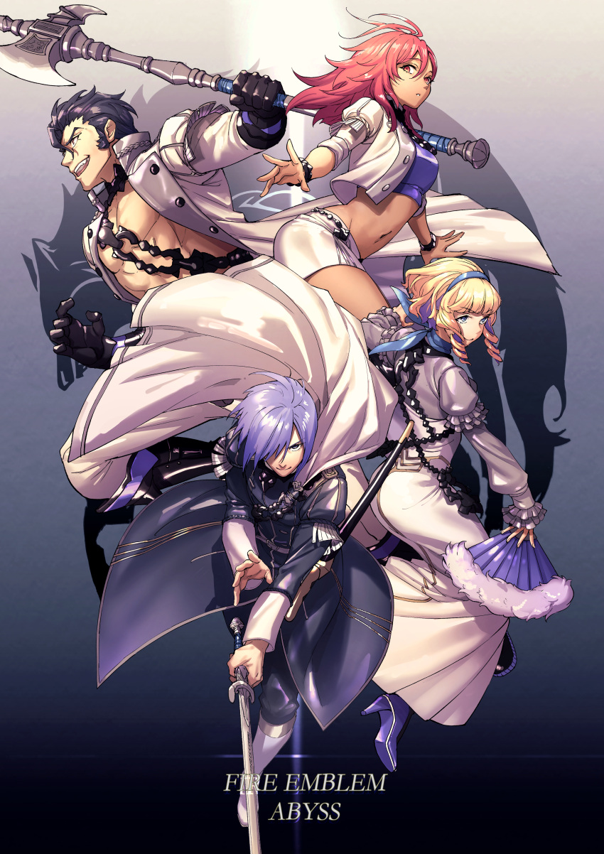 2boys 2girls absurdres axe balthus_von_albrecht black_footwear black_gloves black_hair blonde_hair blue_background boots bracelet breasts brown_eyes cape chain coat colored_inner_hair constance_von_nuvelle copyright_name crop_top dark_skin dress drill_hair fire_emblem fire_emblem:_three_houses folding_fan gloves gradient_background grey_eyes grin hair_between_eyes hair_over_one_eye hair_slicked_back hairband hand_fan hapi_(fire_emblem) high_heels highres jewelry long_sleeves looking_at_viewer medium_breasts medium_hair midriff miniskirt moyashi_mou2 multicolored_hair multiple_boys multiple_girls navel open_clothes open_mouth open_shirt pink_eyes pink_hair purple_footwear purple_hair scabbard sheath short_hair side_drill skirt smile sword teeth twin_drills two-tone_hair unsheathed weapon white_dress white_footwear white_skirt yuri_leclerc