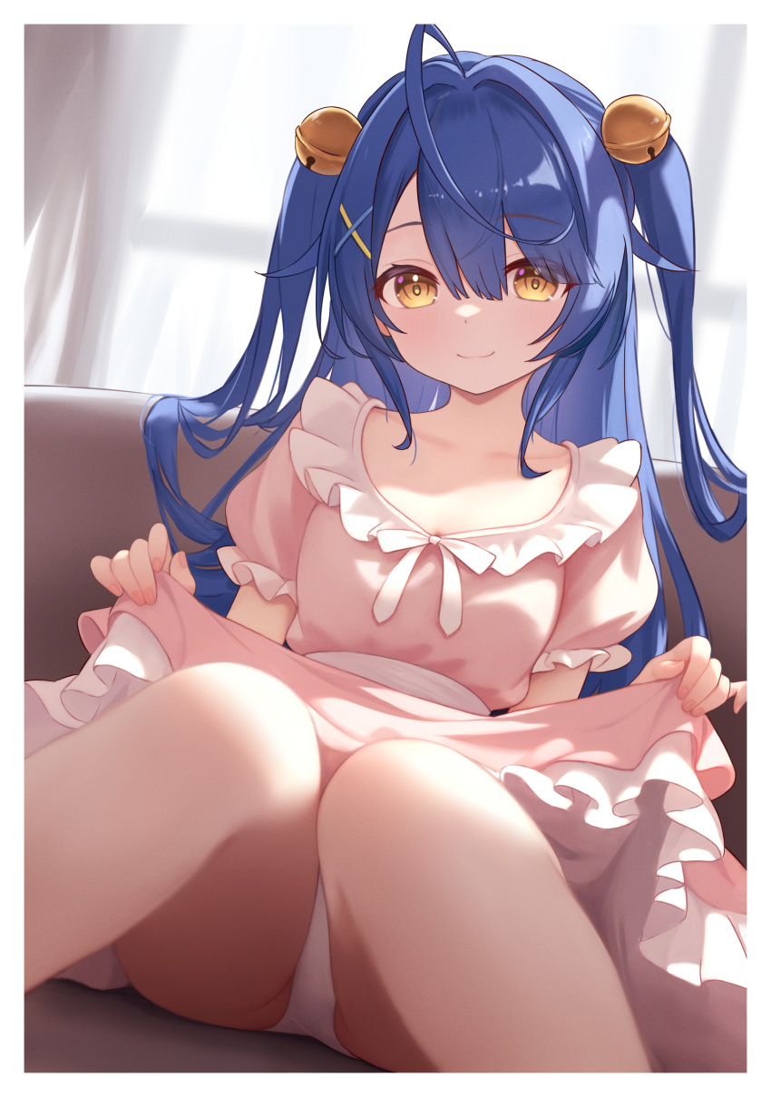 1girl ahoge alternate_costume amamiya_kokoro bell blue_hair border closed_mouth commentary couch dress fanteam frilled_dress frills hair_bell hair_ornament highres indoors knees_together_feet_apart looking_at_viewer nijisanji on_couch panties pink_dress puffy_short_sleeves puffy_sleeves short_sleeves sitting skirt_hold smile solo two_side_up underwear virtual_youtuber white_border white_panties x_hair_ornament yellow_eyes