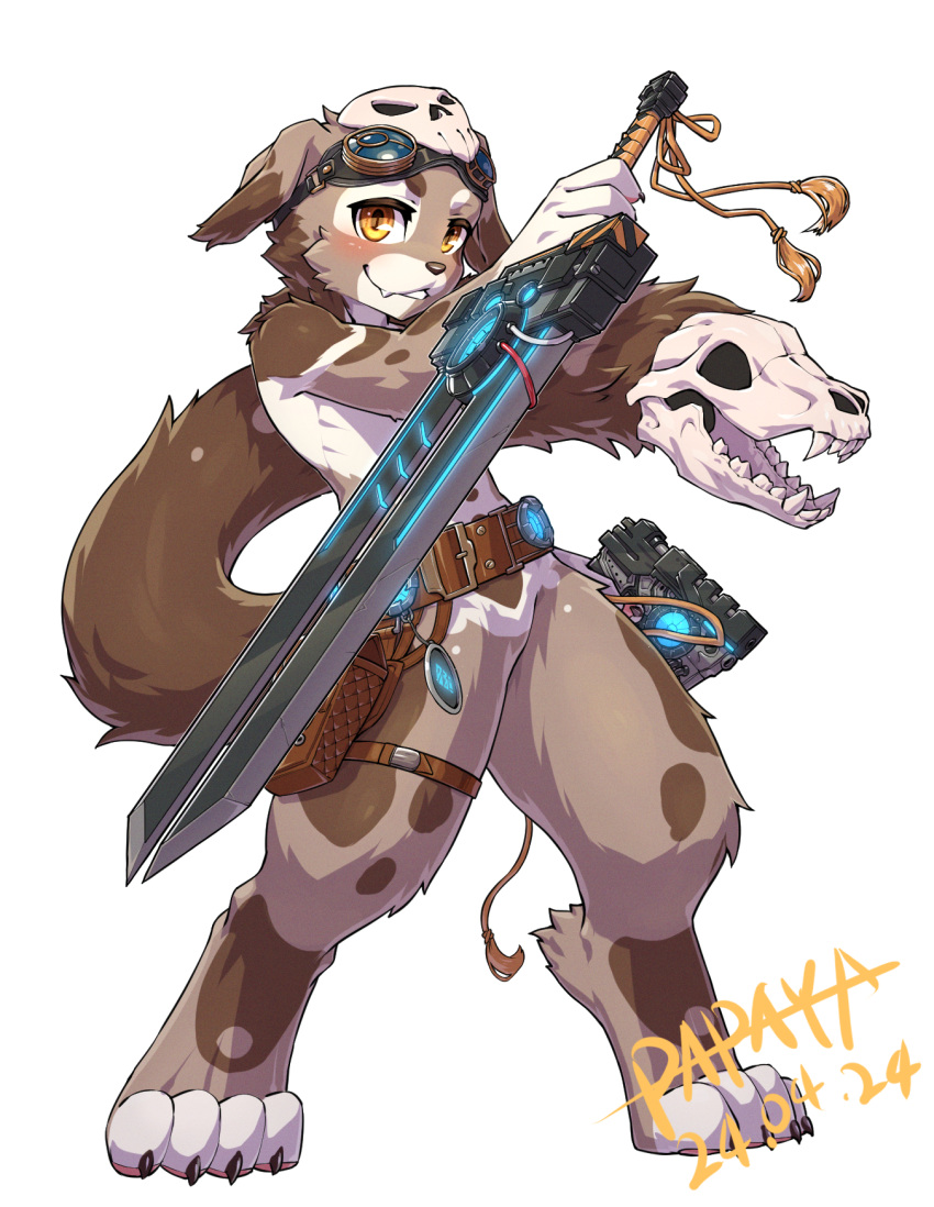 2024 anthro belt blush bone brown_body brown_fur canid canine canis dated digitigrade domestic_dog eyewear eyewear_on_head fangs featureless_crotch floppy_ears fur glistening glistening_eyes goggles goggles_on_head grin gun hi_res holding_gun holding_melee_weapon holding_object holding_ranged_weapon holding_sword holding_weapon living_tail male mammal melee_weapon orange_eyes papayafurry ranged_weapon signature simple_background skull skull_head smile solo standing sword tail tail_head teeth unusual_anatomy unusual_tail weapon white_background white_body white_fur