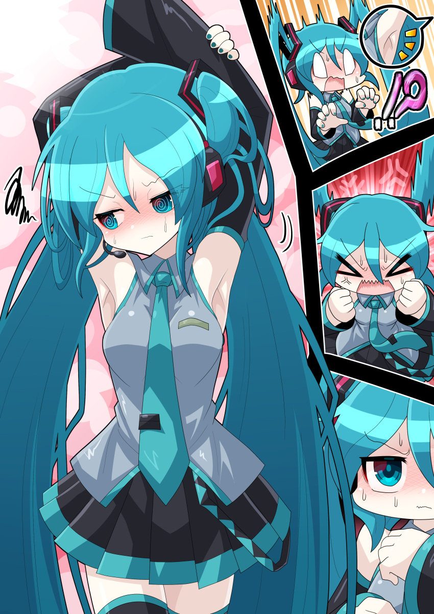 !? &gt;_&lt; 1girl @_@ absurdres amairo_zanmei anger_vein aqua_eyes aqua_hair aqua_necktie armpits arms_up bare_shoulders black_skirt black_sleeves blush breasts chibi collared_vest detached_sleeves full_body grey_vest hair_between_eyes hatsune_miku headphones headset highres long_hair looking_at_viewer nail_polish necktie open_mouth skirt smile surprised sweat twintails very_long_hair vest vocaloid zettai_ryouiki