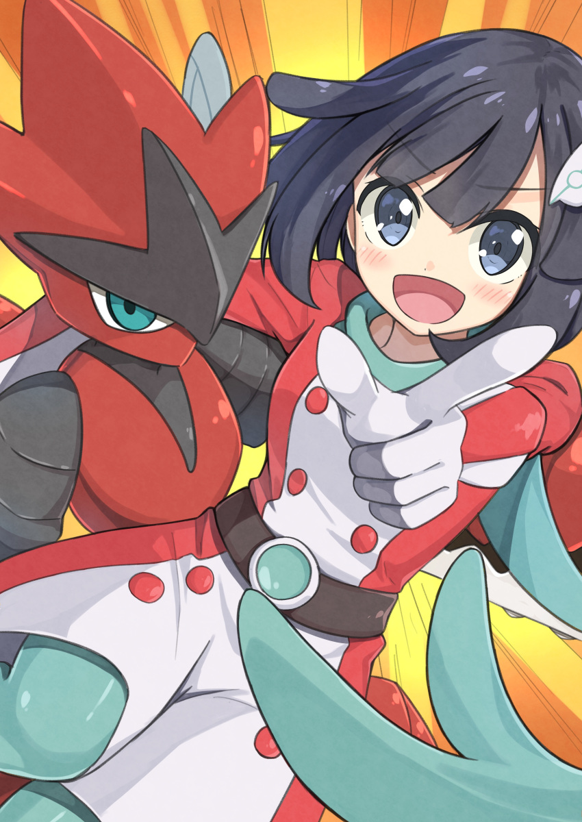 absurdres belt black_hair blue_eyes carrying grey_eyes highres holding insect_wings jumpsuit looking_at_viewer medium_hair mega_pokemon mega_scizor negimiso1989 open_mouth pointing pokemon pokemon_(creature) pokemon_masters_ex princess_carry scizor selene_(pokemon) wings