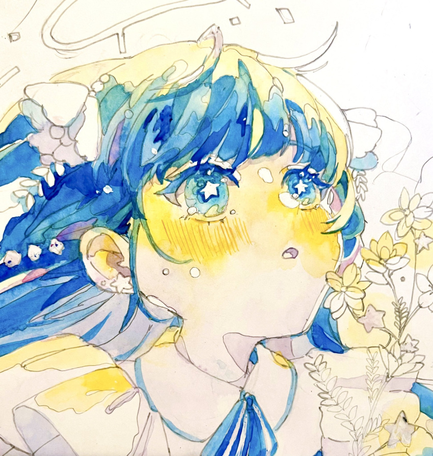 1girl blue_eyes blue_hair blue_ribbon blush close-up collared_shirt d: flower hair_ribbon highres kuusuima long_bangs long_hair looking_up neck_ribbon open_mouth original painting_(medium) portrait ribbon shirt simple_background solo star-shaped_pupils star_(symbol) symbol-shaped_pupils traditional_media watercolor_(medium) white_background white_flower white_ribbon white_shirt