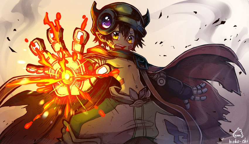 1boy arm_cannon brown_hair cape child facial_mark fake_horns fang firing green_shorts hair_between_eyes helmet highres hioko_chi horned_headwear horned_helmet horns looking_at_viewer made_in_abyss male_focus mechanical_arms mechanical_hands mechanical_legs multicolored_clothes multicolored_shorts navel nipples open_mouth pants pointy_ears purple_shorts red_cape regu_(made_in_abyss) robot sharp_teeth shorts smoke solo standing teeth topless_male two-tone_pants upper_teeth_only v-shaped_eyebrows weapon yellow_eyes