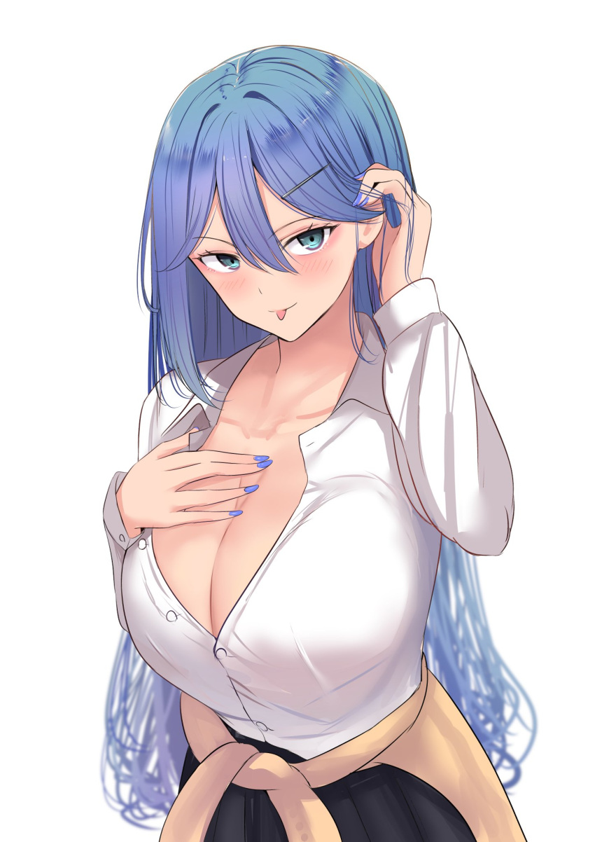 1girl :p alyssa_(specktech) black_skirt blue_eyes blue_hair blue_nails breasts cleavage collarbone collared_shirt commission gyaru hair_between_eyes hair_down hand_on_own_chest hand_up highres large_breasts long_hair nail_polish original partially_unbuttoned school_uniform schreibe_shura second-party_source shirt simple_background skeb_commission skirt solo thank_you tongue tongue_out white_background white_shirt