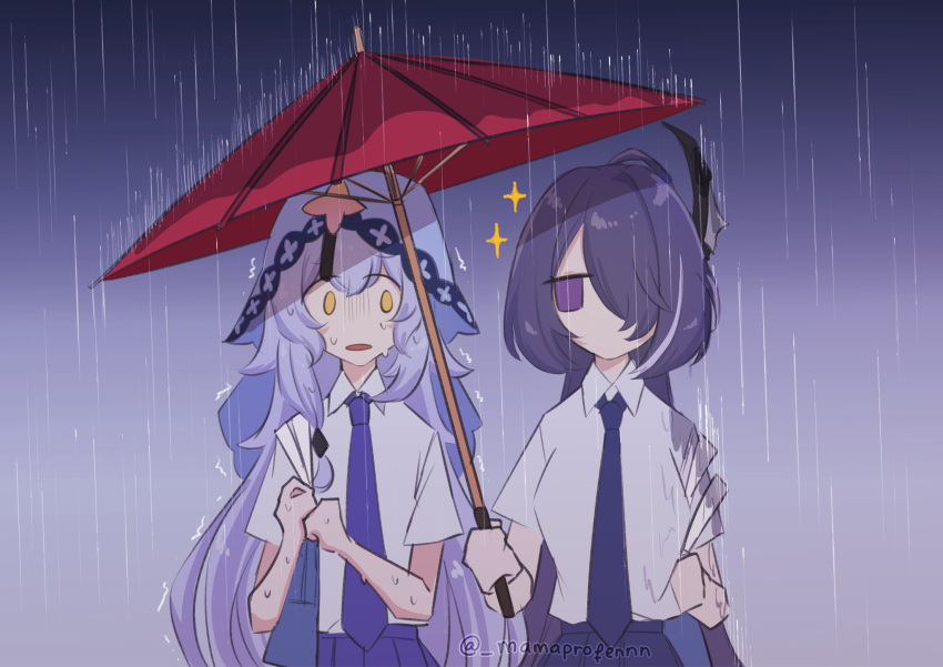 2girls acheron_(honkai:_star_rail) alternate_costume bag black_swan_(honkai:_star_rail) hair_over_one_eye highres holding holding_umbrella honkai:_star_rail honkai_(series) long_hair mamaprofennn multicolored_hair multiple_girls necktie oil-paper_umbrella purple_hair purple_veil rain red_umbrella school_bag school_uniform shared_umbrella shirt sparkling_eyes streaked_hair sweatdrop trembling twitter_username umbrella wet wet_clothes white_shirt yellow_eyes