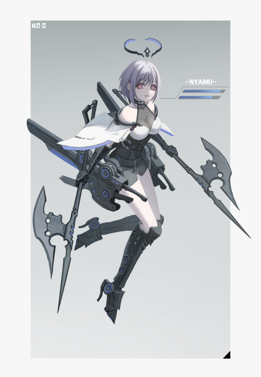 1girl axe bang_dream! bang_dream!_it's_mygo!!!!! black_skirt breasts cape character_name chinese_commentary cleavage commentary_request full_body gradient_background grey_background halo high_heels highres holding holding_axe large_breasts looking_at_viewer mechanical_halo mechanical_hands mechanical_legs pink_eyes purple_hair sheath short_hair skirt solo white_cape xukong yuutenji_nyamu