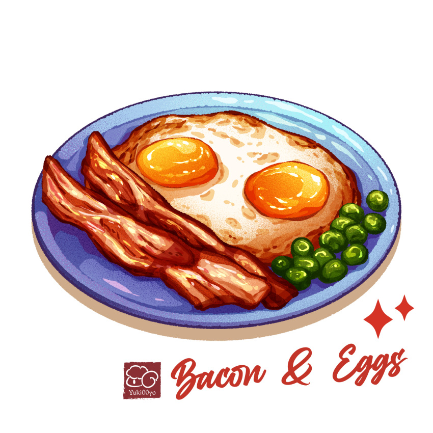 bacon egg_(food) food food_focus fried_egg highres no_humans original peas plate still_life white_background yuki00yo