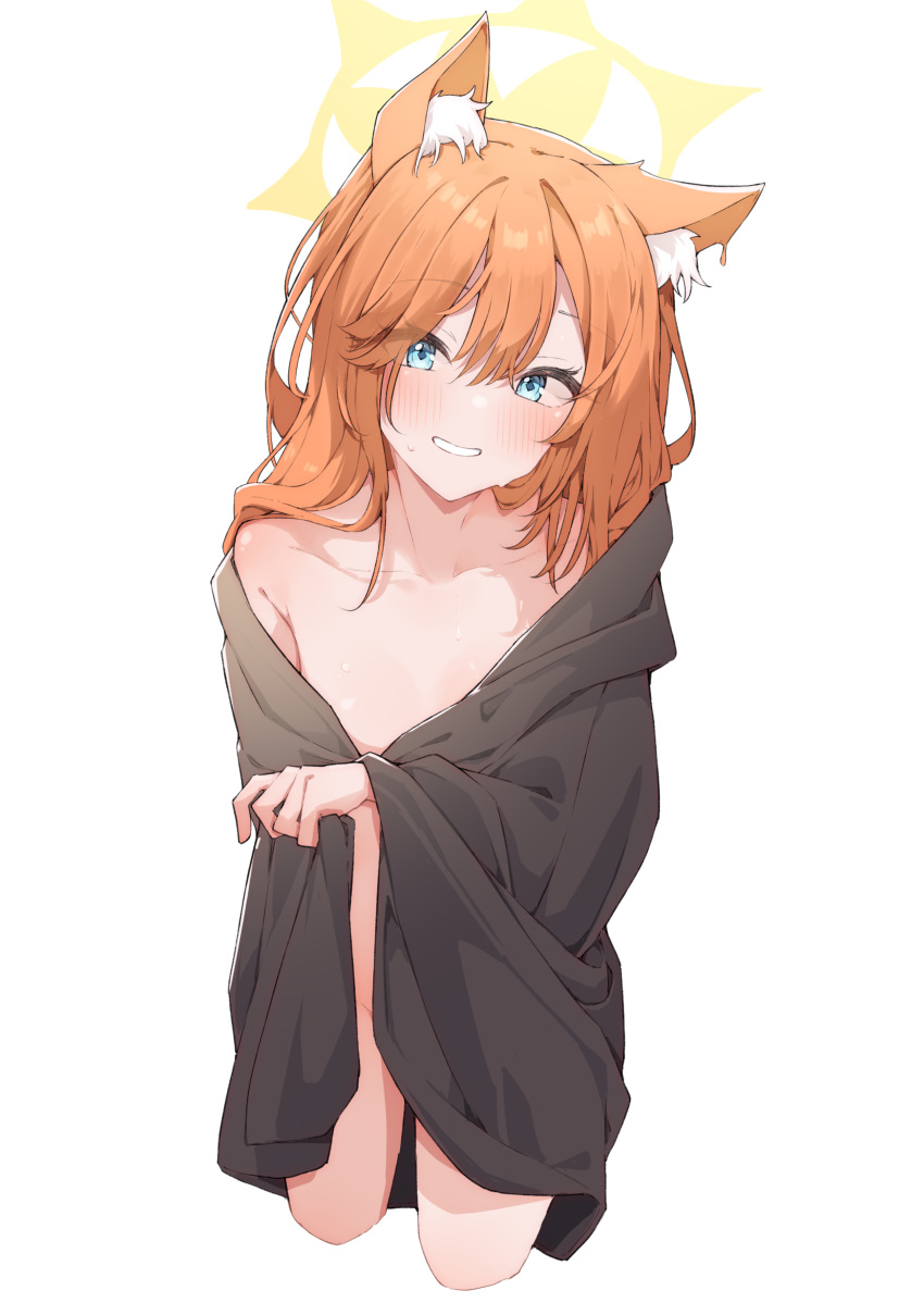 1girl absurdres airenif animal_ear_fluff animal_ears blue_archive blue_eyes blush collarbone convenient_censoring flat_chest grin hair_between_eyes halo highres long_hair looking_at_viewer mari_(blue_archive) naked_towel orange_hair smile solo standing teeth towel wet yellow_halo