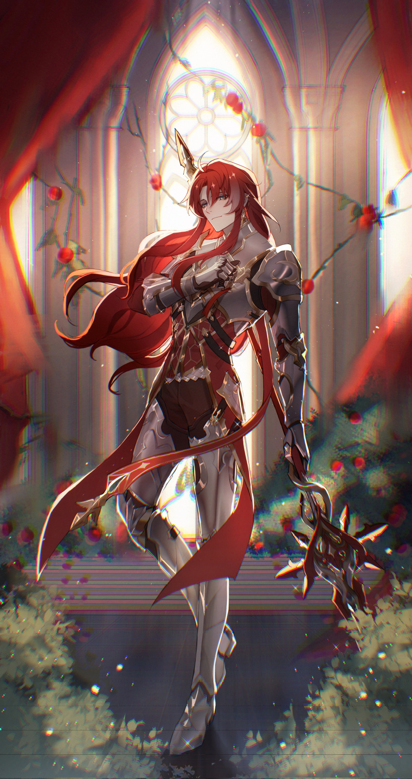 1923rash 1boy absurdres argenti_(honkai:_star_rail) armor closed_mouth flower full_body green_eyes highres holding holding_polearm holding_weapon honkai:_star_rail honkai_(series) long_hair looking_at_viewer male_focus polearm red_flower red_hair red_rose rose shoulder_armor solo weapon