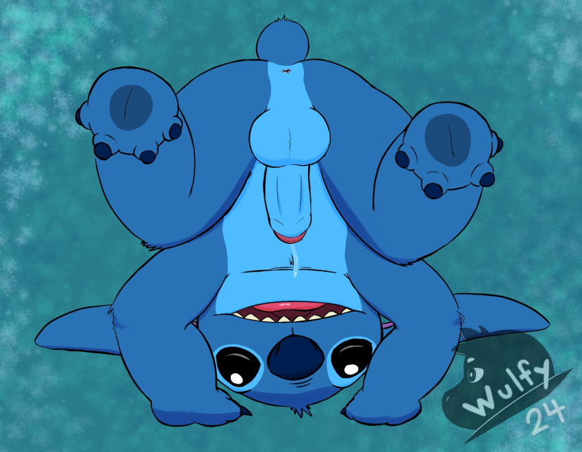 2024 4_toes alien anus ass_up balls black_eyes blue_balls blue_body blue_claws blue_fur blue_nose blue_pawpads bodily_fluids cel_shading chest_tuft claws cleade3 disney erection experiment_(lilo_and_stitch) feet finger_claws fur genital_fluids genitals glans handstand head_tuft hi_res humanoid_genitalia humanoid_penis lilo_and_stitch male open_mouth open_smile pawpads penis pink_glans precum semi-anthro shaded simple_background small_tail smile solo stitch_(lilo_and_stitch) tail teal_background toe_claws toes tuft