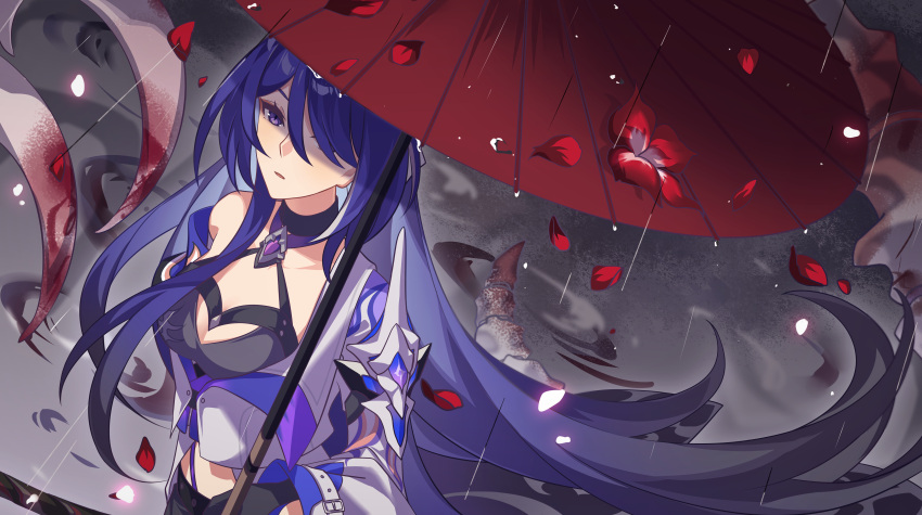 1girl absurdres acheron_(honkai:_star_rail) black_choker black_gloves black_shorts blood bone breasts choker cleavage coat coattails detached_sleeves falling_petals gloves hair_over_one_eye highres holding holding_umbrella honkai:_star_rail honkai_(series) juzimiao581 long_hair midriff multicolored_hair oil-paper_umbrella petals purple_eyes purple_hair rain red_umbrella short_shorts shorts single_bare_shoulder skeleton solo streaked_hair umbrella white_coat