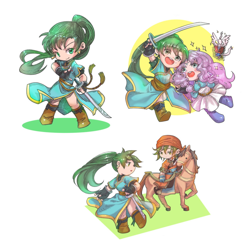 2boys 2girls bandana belt black_gloves blue_dress blue_eyes blue_footwear blue_gloves blue_hair brown_bandana brown_belt brown_footwear chibi chibi_only circlet closed_mouth commentary_request danannie dress earrings fingerless_gloves fire_emblem fire_emblem:_the_blazing_blade florina_(fire_emblem) full_body gloves green_eyes green_hair hair_between_eyes hector_(fire_emblem) highres holding holding_sword holding_weapon horse horseback_riding interlocked_fingers jewelry long_hair looking_at_another looking_at_viewer lyn_(fire_emblem) multiple_boys multiple_girls multiple_views open_mouth own_hands_together pegasus ponytail purple_hair rath_(fire_emblem) riding short_hair short_sleeves smile sword teeth upper_teeth_only weapon white_dress