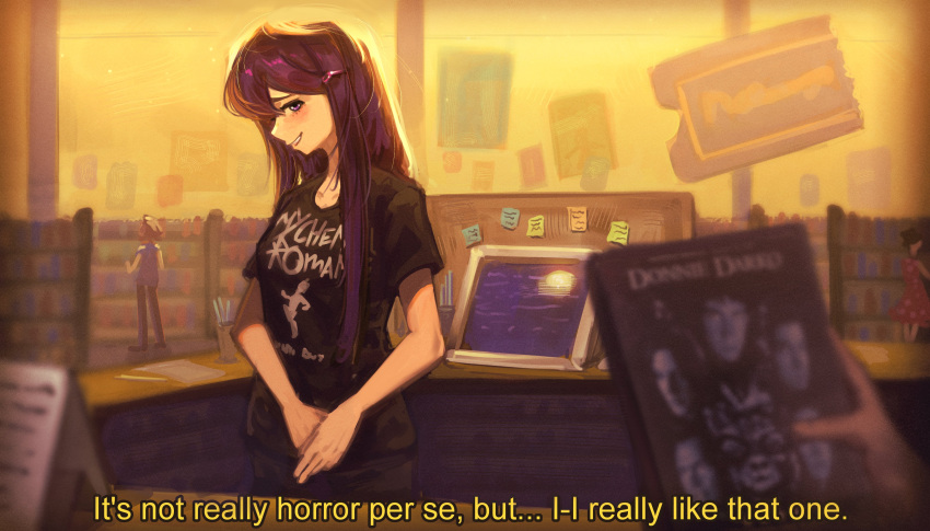 1girl 1other absurdres band_shirt black_pants black_shirt blockbuster blurry blush breasts counter depth_of_field doki_doki_literature_club donnie_darko doremyart dusk dvd_(object) dvd_case english_commentary english_text hair_ornament hair_over_shoulder hairclip highres long_hair looking_at_viewer looking_to_the_side medium_breasts merchandise monitor my_chemical_romance own_hands_together pants parted_lips people point-of-sale_system poster_(object) purple_hair raised_eyebrows shelf shirt shop short_sleeves sign smile solo_focus standing sticky_note subtitled t-shirt window yuri_(doki_doki_literature_club)