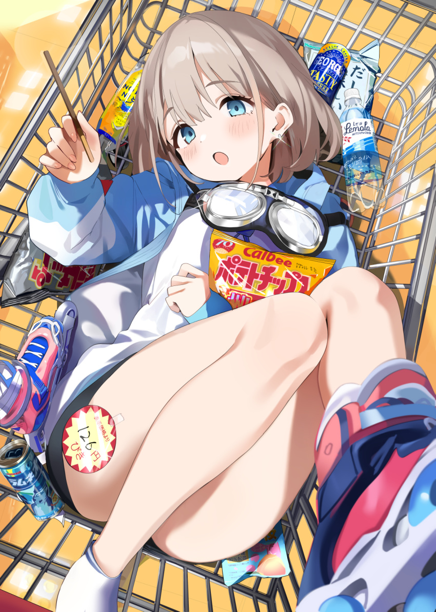 1girl :o abstract_background bag_of_chips bare_legs bike_shorts black_shorts blue_eyes blue_jacket blush bottle calbee_(potato_chips) can candy canned_coffee canned_food chips_(food) commentary copyright_request drink_can earrings food food_request foreshortening from_above full_body georgia_coffee go_(mumuke) goggles goggles_around_neck grey_hair highres holding holding_food holding_pocky idolmaster idolmaster_shiny_colors in_shopping_cart inline_skates jacket jewelry legs legs_up long_sleeves looking_at_viewer looking_up lying mitsuya_cider on_back open_clothes open_jacket open_mouth pocky potato_chips price_tag red_footwear reflective_floor revision roller_skates serizawa_asahi shirt shoes shopping_cart short_hair shorts skates smile sneakers socks soda_bottle solo thighs tile_floor tiles unworn_footwear v water_bottle white_shirt white_socks yellow_background