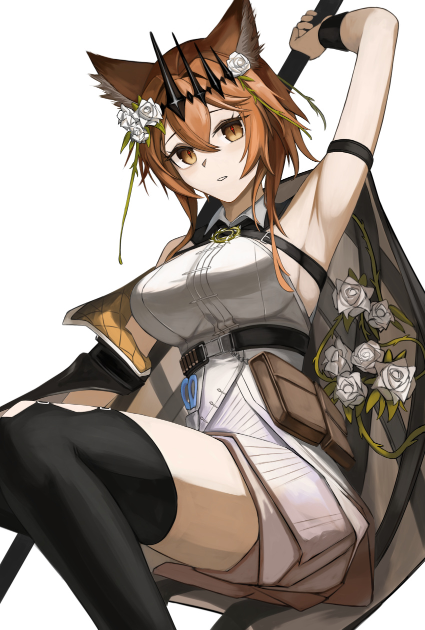 1girl absurdres animal_ears arknights arm_strap arm_up armpits barach belt black_belt black_thighhighs breasts brown_eyes brown_hair cat_ears commentary dress feet_out_of_frame flower grin hair_flower hair_ornament highres large_breasts long_hair looking_at_viewer parted_lips pouch rose short_dress simple_background sleeveless sleeveless_dress smile solo thighhighs thighs vendela_(arknights) white_background white_dress white_flower white_rose wristband