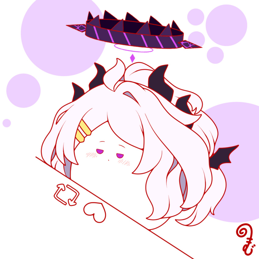 ahoge arrow_(symbol) black_wings blue_archive blush chibi closed_mouth grey_hair hair_ornament hairclip halo heart highres hina_(blue_archive) horns kurukurumagical like_and_retweet long_hair outline parted_bangs purple_eyes red_outline simple_background single_hair_intake solo very_long_hair white_background wings