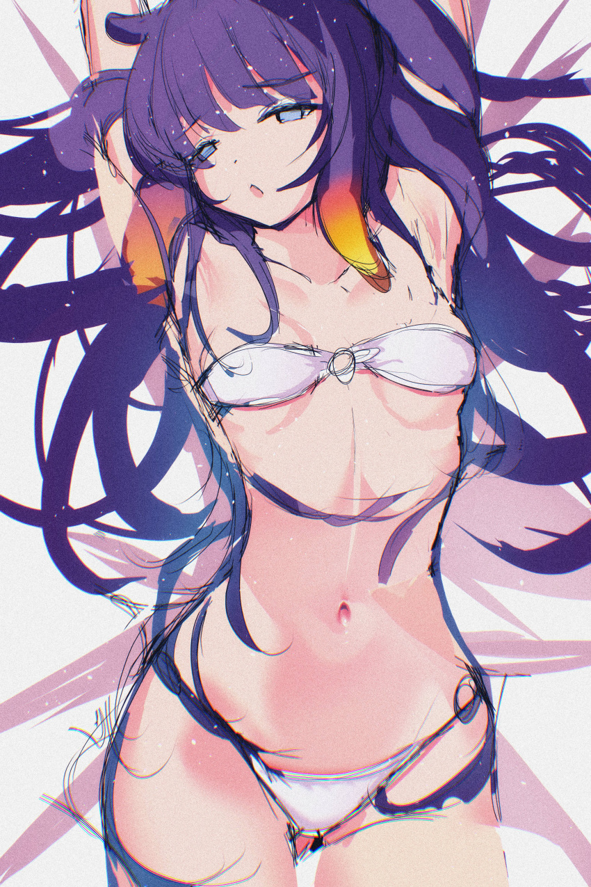 1girl absurdres ahoge armpits arms_up ass_visible_through_thighs bed_sheet blue_eyes bra breasts collarbone dot_nose gradient_hair highres hololive hololive_english long_hair looking_at_viewer looking_up lying medium_breasts multicolored_hair navel ninomae_ina'nis on_back on_bed open_mouth panties purple_hair solo tentacle_hair the0neulost undersized_clothes underwear unfinished very_long_hair virtual_youtuber white_bra white_panties