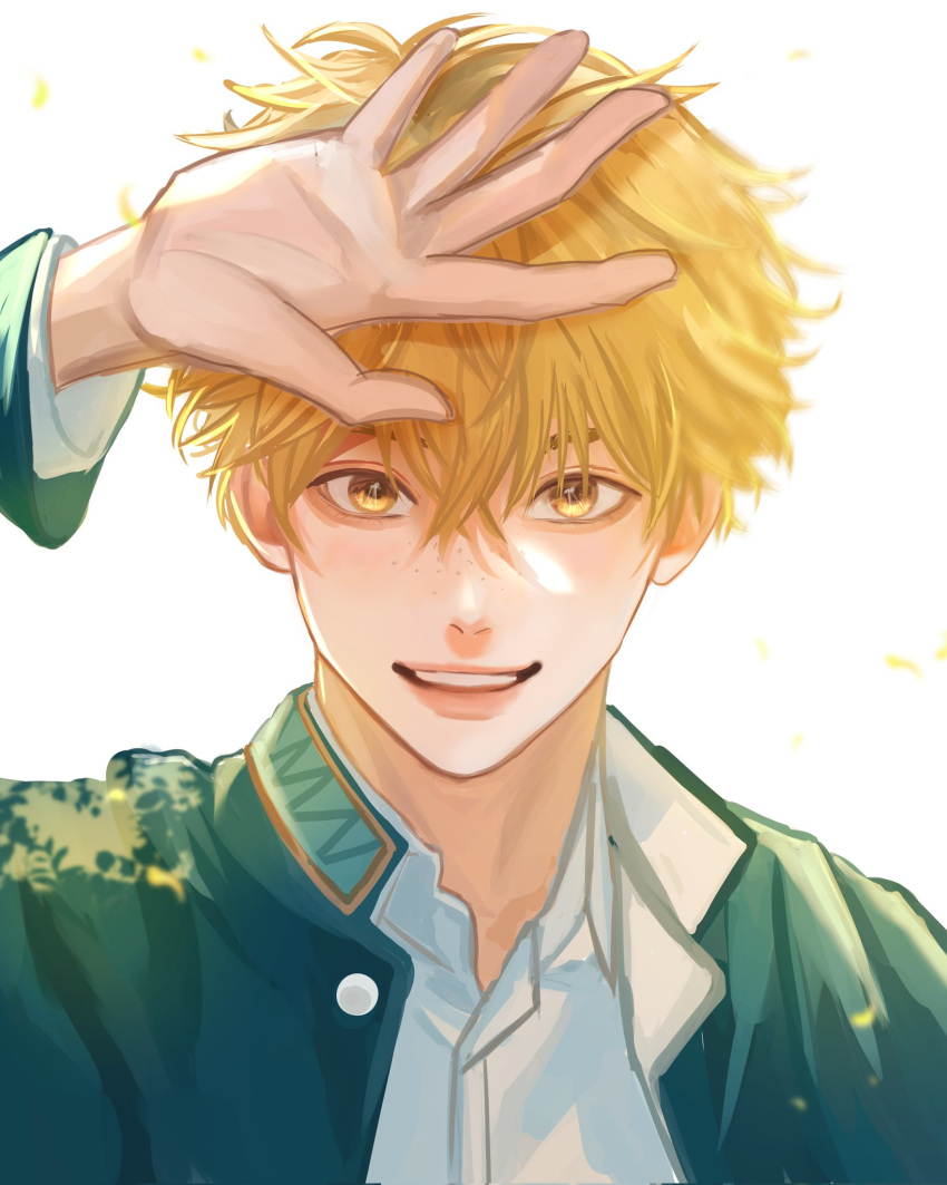 1boy blonde_hair collared_shirt freckles hair_between_eyes hand_in_own_hair harenzero highres jacket looking_at_viewer male_focus nirei_akihiko open_mouth shirt smile solo teeth tree_shade white_background white_shirt wind_breaker_(nii_satoru) yellow_eyes