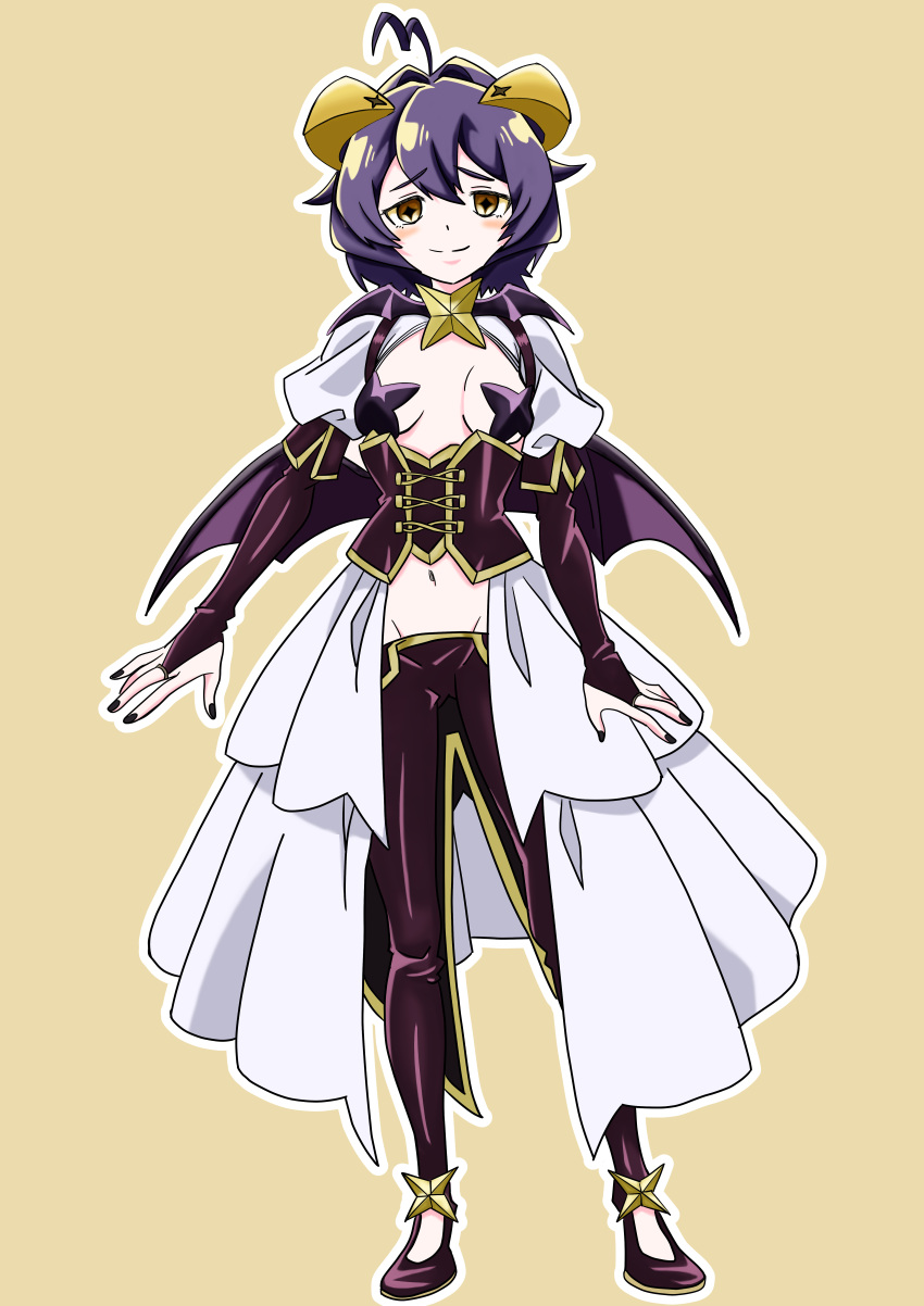 1girl absurdres ahoge bat_brooch black_hair blush breastless_clothes breasts clip_studio_paint_(medium) commentary_request corset fold-over_gloves forward_facing_horns hair_intakes highres hiiragi_utena horns looking_at_viewer lowleg lowleg_pants magia_baiser mahou_shoujo_ni_akogarete navel pants pasties purple_corset purple_pasties short_hair showgirl_skirt shrug_(clothing) simple_background small_breasts smile solo spill_(naru) star_pasties symbol-shaped_pupils white_shrug wings yellow_background yellow_eyes yellow_horns