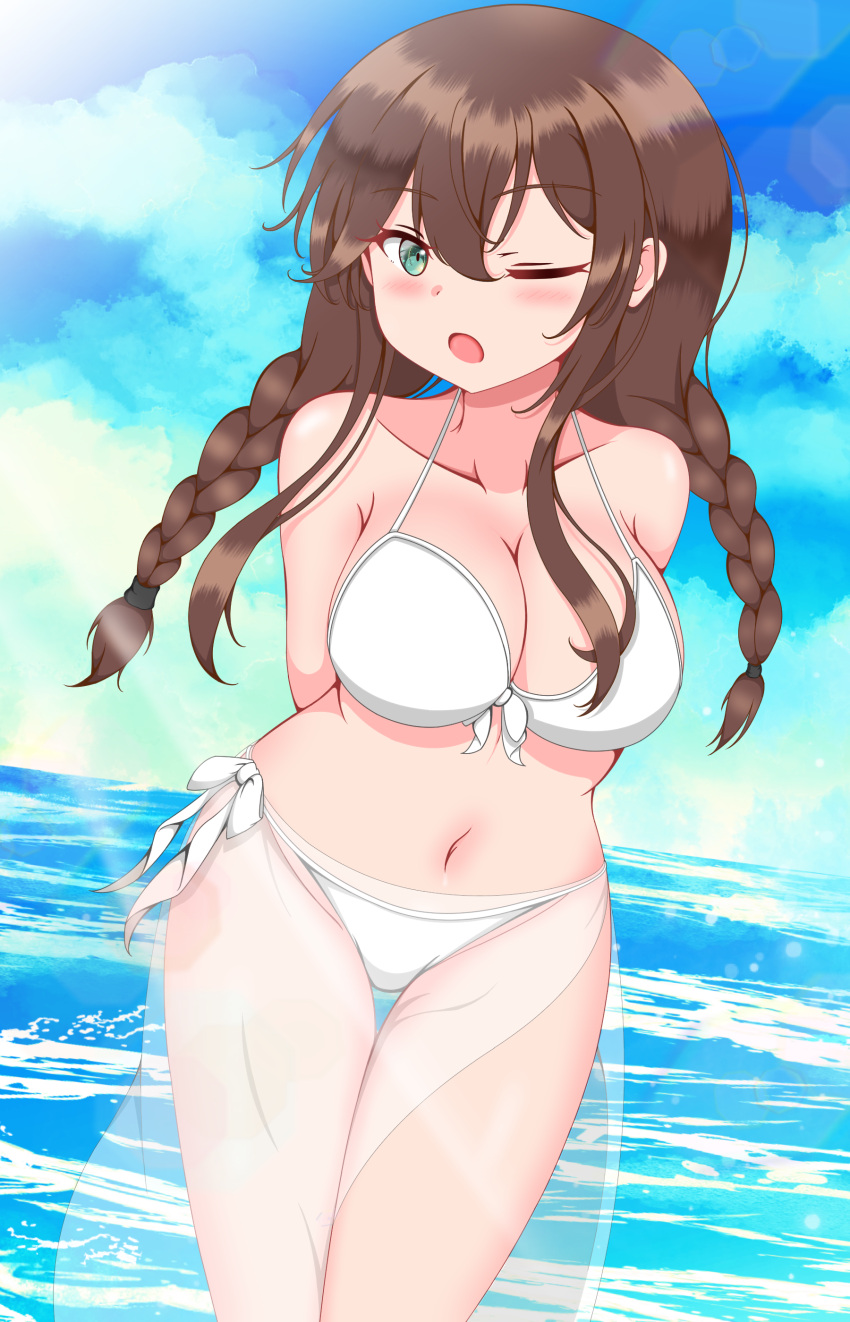 1girl absurdres arms_behind_back bikini blue_sky braid breasts brown_hair cleavage cloud day feet_out_of_frame front-tie_bikini_top front-tie_top green_eyes highres itsuya_(hmizugucti) kantai_collection large_breasts leaning_forward looking_at_viewer low_twintails noshiro_(kancolle) one_eye_closed outdoors sarong see-through_sarong side-tie_bikini_bottom sky solo swimsuit thigh_gap twin_braids twintails white_bikini