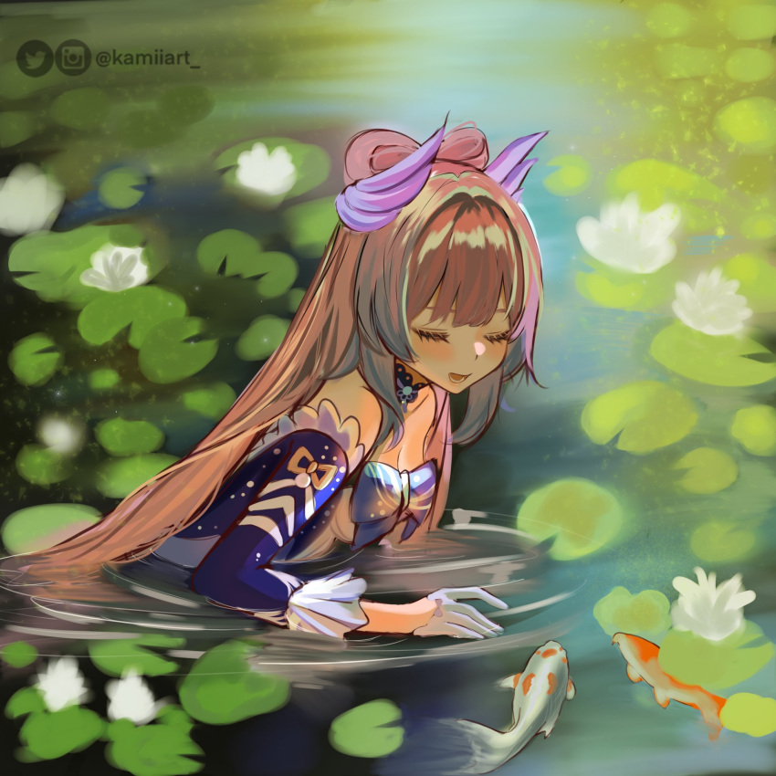 1girl artist_name blue_dress blush bow breasts choker closed_eyes dress dress_bow fish flower genshin_impact highres instagram_logo instagram_username kamiiart koi lily_(flower) lily_pad long_hair medium_breasts open_mouth pink_hair pond sangonomiya_kokomi swimming very_long_hair water