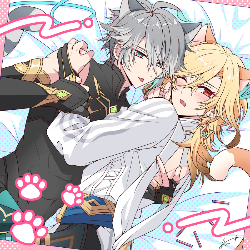 2boys :p alhaitham_(genshin_impact) animal_ears antenna_hair aono_(aono_pic) aqua_background aqua_hair artist_name backless_outfit black_gloves black_shirt blonde_hair blue_sash blush cat_boy cat_ears cat_tail chest_jewel closed_mouth commentary compression_shirt earrings elbow_gloves english_commentary eyes_visible_through_hair fang fingerless_gloves gem genshin_impact gloves gold_trim green_eyes green_gemstone grey_hair hair_between_eyes hair_over_one_eye hand_on_another's_back hand_up hands_up highres holding_another's_wrist jewelry kaveh_(genshin_impact) long_hair long_sleeves looking_at_another looking_at_viewer looking_to_the_side male_focus multicolored_hair multiple_boys one_eye_closed open_mouth parted_bangs partially_fingerless_gloves paw_print pink_background polka_dot polka_dot_background puffy_long_sleeves puffy_sleeves raised_eyebrows red_eyes sash shirt short_hair sidelocks signature simple_background sleeveless sleeveless_shirt swept_bangs tail tongue tongue_out white_shirt yaoi
