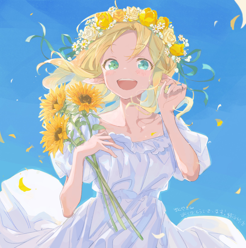 1girl :d blonde_hair blue_sky commission dress flower green_eyes green_ribbon hair_ribbon head_wreath holding holding_flower kinutani_yutaka long_hair looking_at_viewer original petals pointy_ears ribbon short_sleeves skeb_commission sky smile solo sunflower white_dress