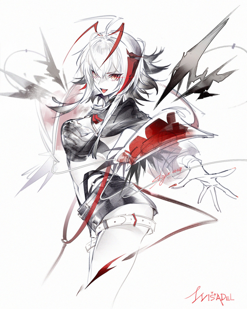 1girl antenna_hair arknights breasts character_name character_signature cowboy_shot demon_girl demon_horns demon_tail gradient_hair greyscale highres horns kistina long_sleeves looking_at_viewer medium_breasts midriff monochrome multicolored_hair open_mouth red_eyes short_hair_with_long_locks short_shorts shorts shrug_(clothing) sidelocks sketch solo spot_color star-shaped_pupils star_(symbol) symbol-shaped_pupils tail teeth thigh_strap tongue upper_teeth_only w_(arknights) wis'adel_(arknights)