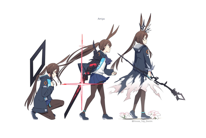 1girl age_progression amiya_(arknights) amiya_(guard)_(arknights) amiya_(medic)_(arknights) animal_ears anklet arknights ascot black_footwear black_jacket black_pantyhose blade_arm blue_ascot blue_eyes blue_skirt brown_hair character_name floating_hair from_side full_body glint glowing glowing_sword glowing_weapon highres holding holding_staff hood hood_down hooded_jacket house_tag_denim jacket jewelry long_hair long_sleeves looking_ahead miniskirt multiple_views open_clothes open_jacket open_mouth pantyhose pleated_skirt ponytail profile rabbit_ears rabbit_girl shoes sidelocks simple_background skirt staff teeth thighlet tiara twitter_username very_long_hair weapon