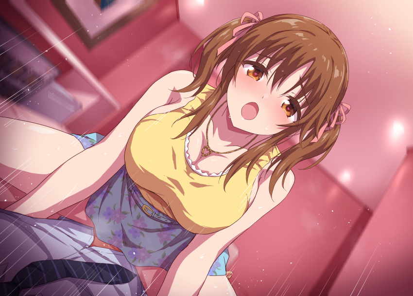 1boy 1girl bed black_necktie blue_skirt blush breasts brown_eyes brown_hair cowgirl_position girl_on_top hetero idolmaster idolmaster_cinderella_girls indoors jewelry large_breasts marugoshi_(54burger) medium_hair necklace necktie on_bed pink_ribbon print_skirt ribbon sex shirt skirt sleeveless straddling striped_necktie tank_top totoki_airi twintails white_shirt yellow_tank_top