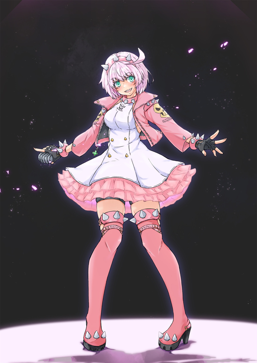 1girl ahoge black_gloves black_shorts blue_eyes boots breasts collar cropped_jacket dark_background dress elphelt_valentine fingerless_gloves full_body gloves gottsu guilty_gear guilty_gear_strive hairband highres holding holding_microphone jacket large_breasts microphone open_clothes open_jacket parted_lips pink_collar pink_footwear pink_hair pink_hairband pink_jacket short_dress short_hair shorts sleeveless sleeveless_dress smile solo spiked_collar spiked_hairband spiked_jacket spikes stage_lights teeth thigh_boots white_dress