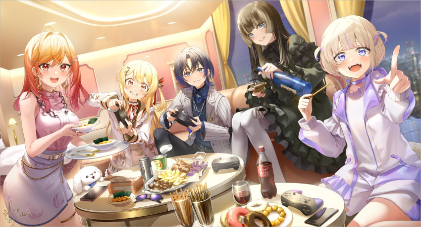 5girls :d ahoge black_hair black_nails blonde_hair blue_eyes blue_hair bottle brown_hair can cellphone clenched_teeth closed_mouth controller couch cup dog doughnut dress earrings food frilled_dress frills game_controller gradient_hair hair_intakes highres hiodoshi_ao holding holding_bottle holding_controller holding_cup holding_game_controller holding_tray hololive hololive_dev_is ichijou_ririka indoors jacket jewelry juufuutei_raden kito_koruta long_hair long_sleeves medium_hair multicolored_hair multiple_girls one_side_up open_clothes open_jacket otonose_kanade pants pantyhose parted_lips phone purple_hair red_eyes red_hair sakazuki shirt shorts signature sitting skirt sleeveless sleeveless_shirt smartphone smile standing streaked_hair table teeth todoroki_hajime tray two_side_up virtual_youtuber white_pantyhose