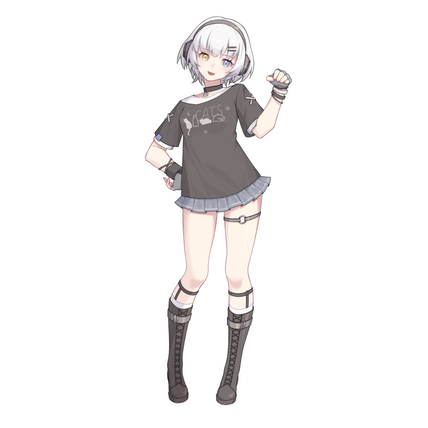 1girl absurdres bang_dream! bang_dream!_it's_mygo!!!!! bianxieshi_aji_ng black_choker black_footwear black_shirt blue_eyes boots bracelet chinese_commentary choker commentary_request commission fingerless_gloves full_body gloves grey_gloves grey_skirt hair_ornament hairclip hand_on_own_hip hand_up headphones heterochromia highres jewelry kaname_raana knee_boots o-ring o-ring_thigh_strap second-party_source shirt short_hair short_sleeves simple_background skirt solo thigh_strap white_background white_hair yellow_eyes
