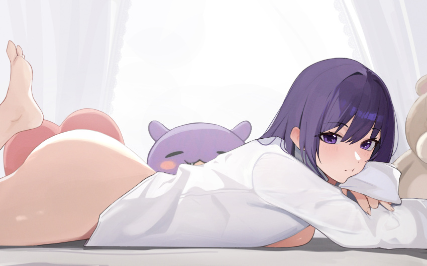 1girl ass bottomless breast_press breasts closed_mouth foot_up from_side hair_between_eyes highres hololive hololive_english koupi_(ku_roiko) ku_roiko long_hair looking_at_viewer looking_to_the_side lying naked_shirt on_stomach open_clothes open_shirt personification purple_eyes purple_hair shirt sleeves_past_wrists takodachi_(ninomae_ina'nis) white_shirt