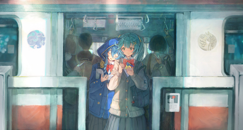 2girls absurdres alternate_costume bag blue_hair blue_jacket blush book bow bowtie cardigan closed_eyes closed_mouth faruzan_(genshin_impact) from_outside genshin_impact green_hair grey_cardigan grey_skirt head_on_another's_shoulder highres holding holding_another's_arm holding_book hood hooded_jacket jacket layla_(genshin_impact) long_bangs long_hair looking_at_another multiple_girls open_book people pleated_skirt red_bow red_bowtie rubik's_cube shirt shoulder_bag sidelocks skirt sleeping sleeping_upright suke_omi train upper_body white_shirt