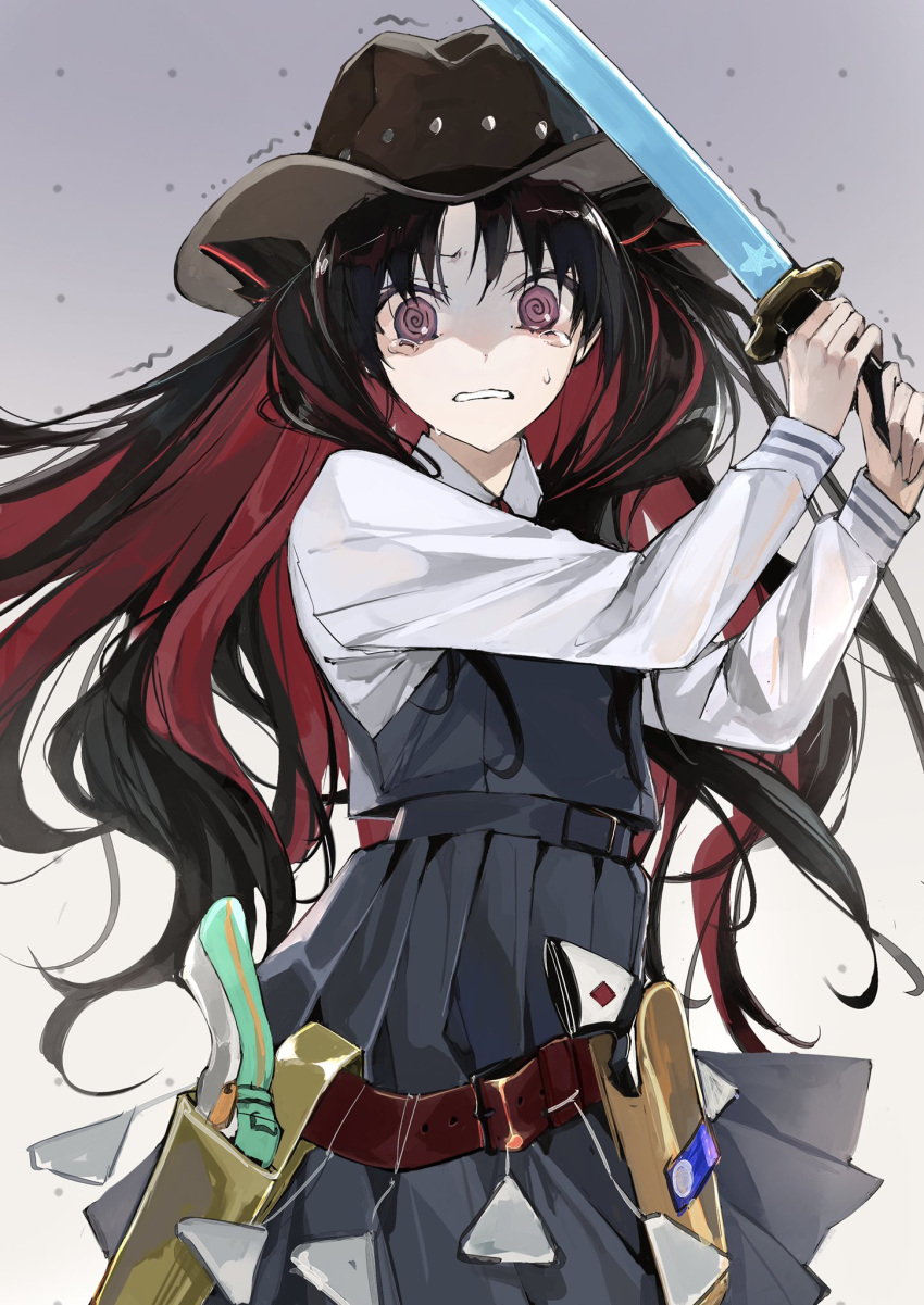 1girl @_@ black_hair collared_shirt cowboy_hat fate/grand_order fate_(series) gun hat highres holding holding_weapon holster ishtar_(fate) katana kino_kokko long_hair long_sleeves looking_at_viewer multicolored_hair official_alternate_costume parted_bangs red_eyes red_hair ribbon shirt solo space_ishtar_(fate) sweat sword tearing_up trembling two-tone_hair two_side_up weapon white_shirt