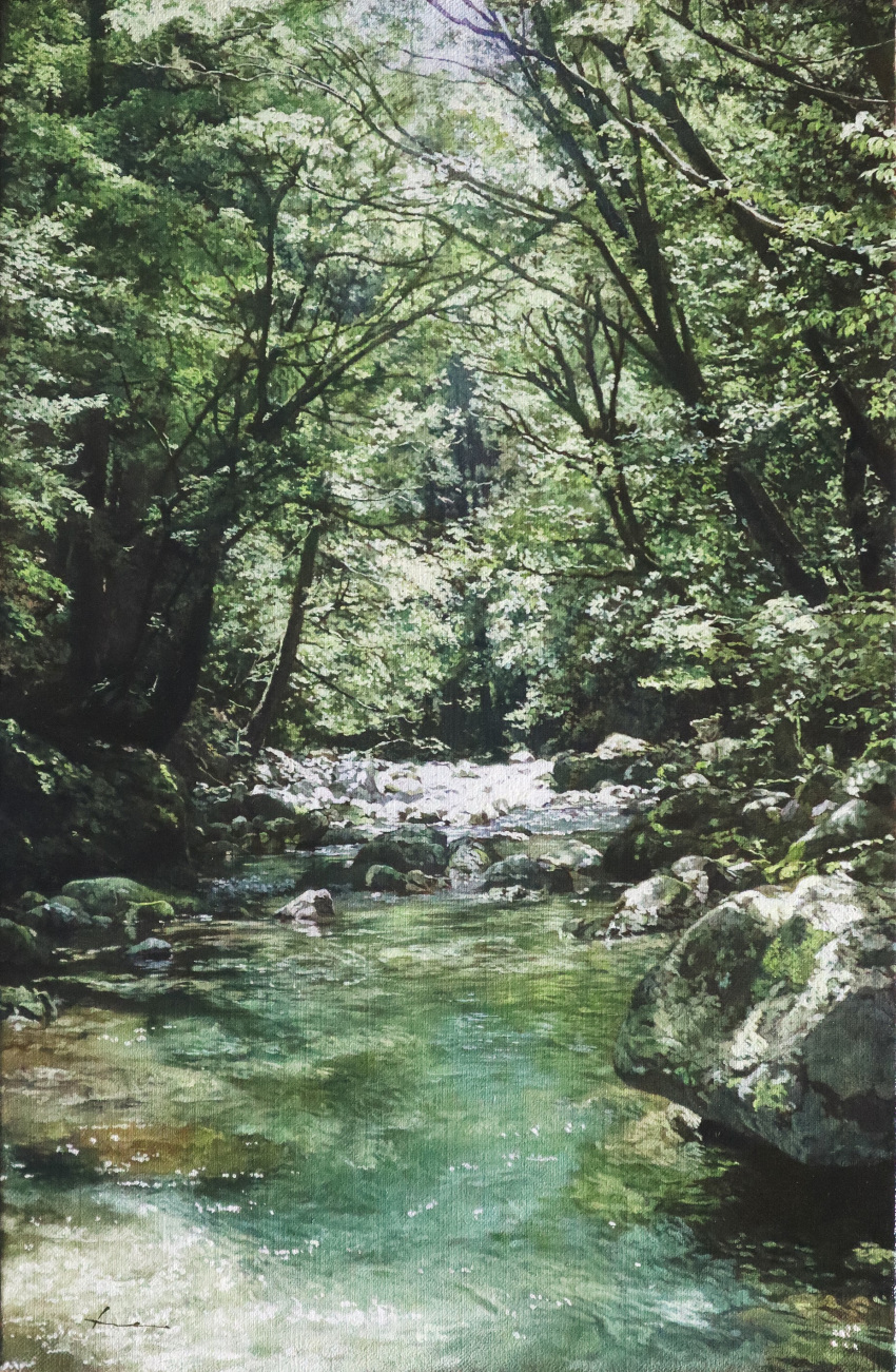 absurdres bush dappled_sunlight forest grass highres jungle moss naohiro_ito nature no_humans oil_painting_(medium) original outdoors painting_(medium) photorealistic plant realistic river riverbank rock sapling scenery shadow sunlight traditional_media tree