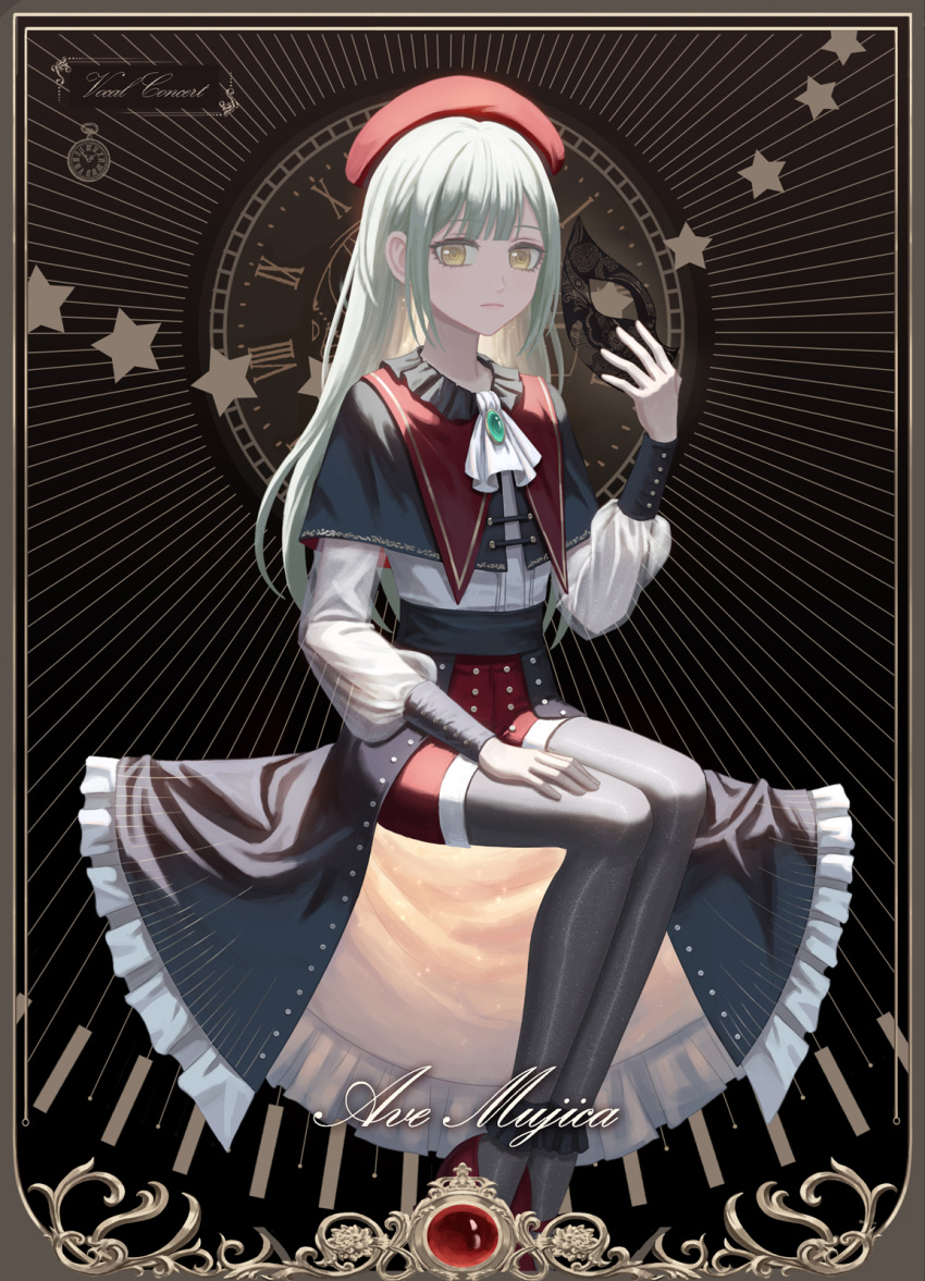 1girl ascot bang_dream! bang_dream!_it's_mygo!!!!! black_background black_capelet black_pantyhose black_skirt capelet chinese_commentary clock commentary_request cursive english_text expressionless full_body green_brooch green_hair hand_on_own_thigh hat highres holding holding_mask long_hair long_sleeves looking_at_viewer mask pantyhose red_footwear red_hat red_shorts shirt shorts skirt solo star_(symbol) wakaba_mutsumi white_ascot white_shirt xukong yellow_eyes