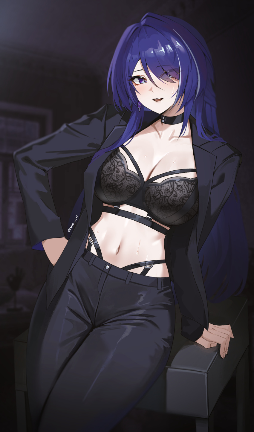 1girl :d absurdres acheron_(honkai:_star_rail) arm_support black_bra black_choker black_jacket black_pants bra breasts choker collarbone commentary cowboy_shot hair_over_one_eye hand_on_own_hip highres honkai:_star_rail honkai_(series) jacket large_breasts long_sleeves looking_at_viewer navel nvl open_clothes open_jacket open_mouth pants purple_eyes purple_hair smile solo stomach thighs underwear
