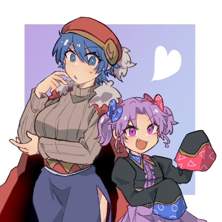 2girls black_shirt blue_pants breasts brown_sweater cape fangs genderswap genderswap_(mtf) hat highres juliet_sleeves king_dedede kirby_(series) large_breasts long_sleeves marx_(kirby) multiple_girls open_mouth pants personification puffy_sleeves red_cape red_hat sabatha0424 shirt sleeves_past_fingers sleeves_past_wrists smile sweater upper_body