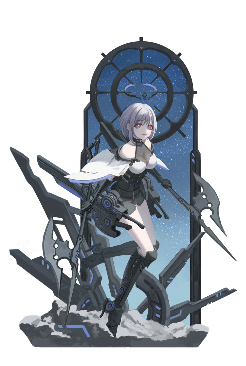 1girl axe bang_dream! bang_dream!_it's_mygo!!!!! black_skirt breasts cape character_name chinese_commentary cleavage commentary_request full_body halo high_heels highres holding holding_axe large_breasts looking_at_viewer mechanical_halo mechanical_hands mechanical_legs pink_eyes purple_hair rock sheath short_hair simple_background skirt sky solo star_(sky) starry_sky white_background white_cape xukong yuutenji_nyamu