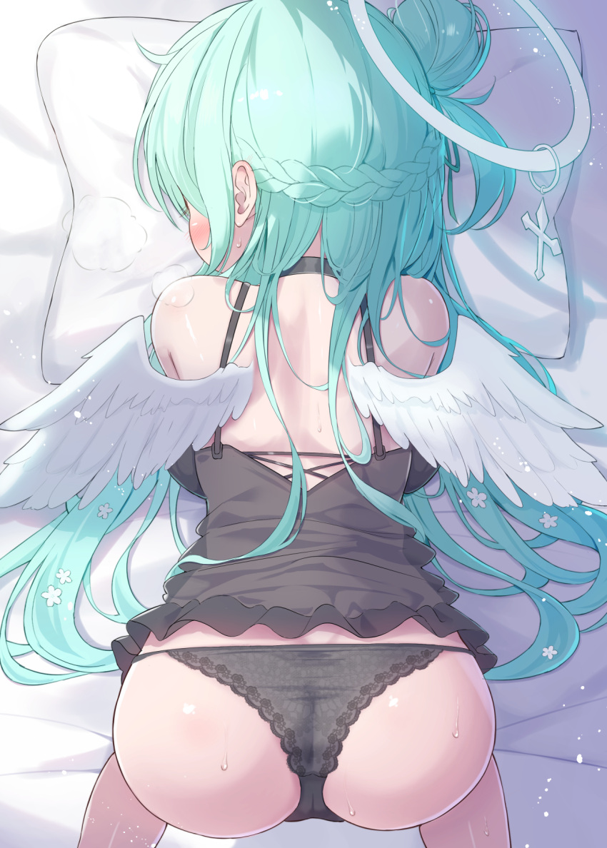 1girl all_fours angel_wings ass backboob bed_sheet black_camisole black_choker black_panties blush braid breasts breath camisole choker commentary_request cross feathered_wings flower from_above green_hair hair_bun hair_flower hair_ornament halo highres large_breasts long_hair mikaze_oto original paid_reward_available panties single_side_bun solo string_panties sweat underwear underwear_only very_long_hair white_flower white_wings wings