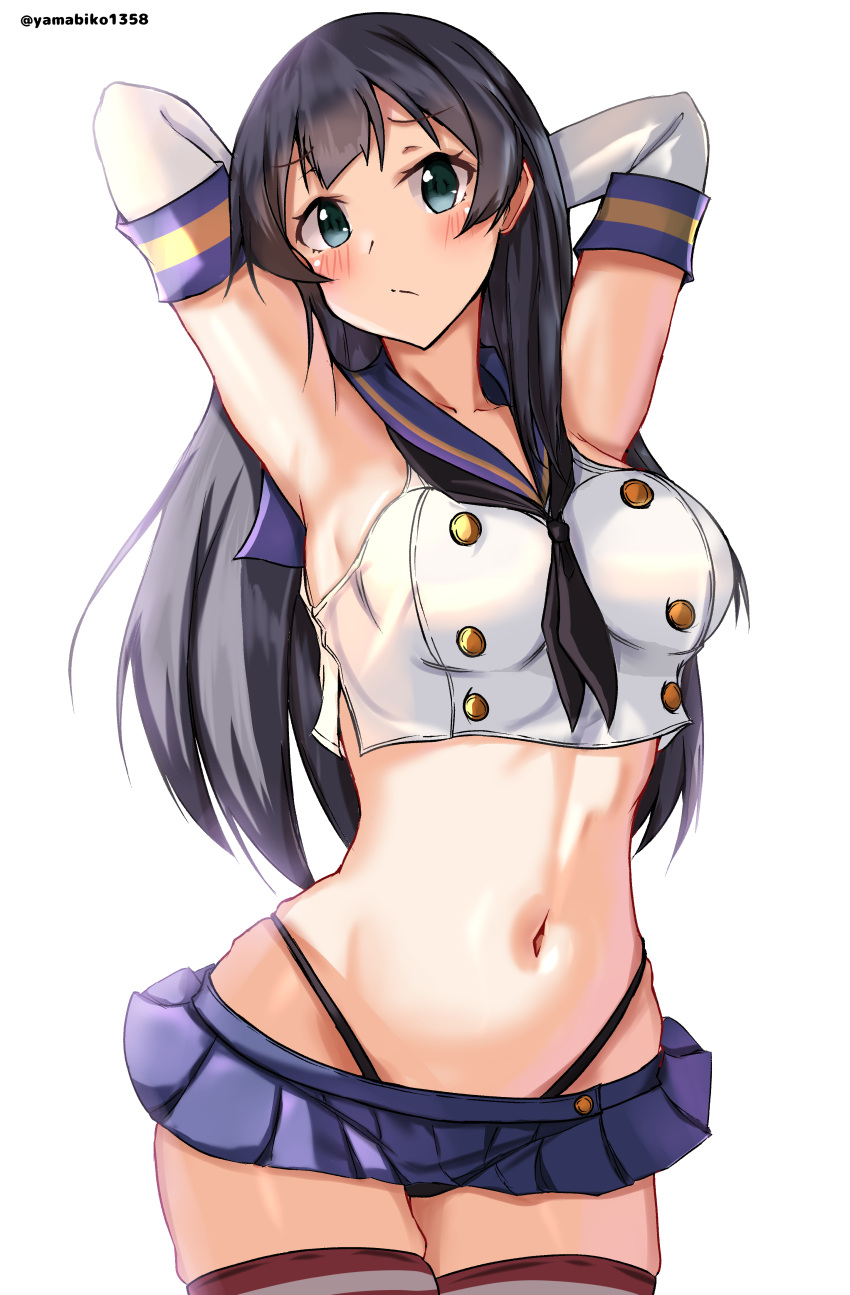 1girl absurdres agano_(kancolle) arms_behind_head black_hair black_neckerchief black_panties blue_sailor_collar blue_skirt blush breasts cosplay crop_top elbow_gloves gloves green_eyes highleg highleg_panties highres kantai_collection long_hair looking_at_viewer medium_breasts microskirt mizuki_(uzuki_no_sato) navel neckerchief panties sailor_collar school_uniform shimakaze_(kancolle) shimakaze_(kancolle)_(cosplay) skirt solo striped_clothes striped_thighhighs thighhighs thong underwear white_gloves