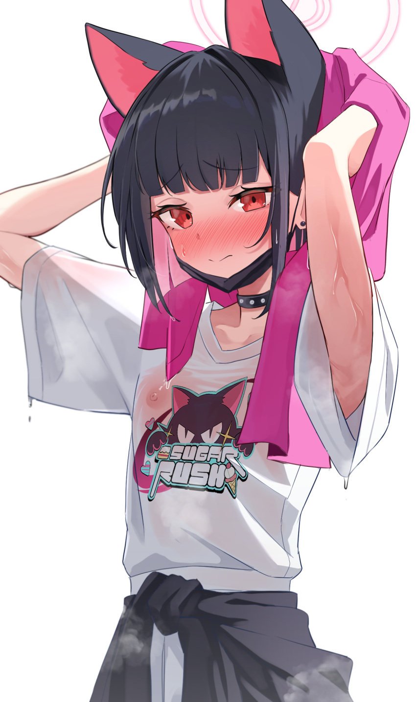 1girl animal_ears arms_up black_hair blue_archive blunt_bangs blunt_ends blush bob_cut breasts cat_ears choker closed_mouth clothes_around_waist colored_inner_hair diu1 earrings halo highres hot jacket jacket_around_waist jewelry kazusa_(blue_archive) looking_at_viewer mask mouth_mask multicolored_hair nipples pink_hair pink_halo print_shirt red_eyes see-through see-through_shirt shirt simple_background small_breasts solo steaming_body stud_earrings studded_choker sweat t-shirt towel wet wet_clothes wet_shirt white_background white_shirt