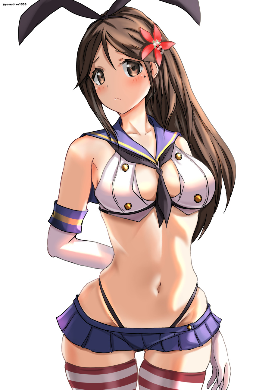 1girl absurdres amagi_(kancolle) asymmetrical_hair black_neckerchief black_panties blue_sailor_collar blue_skirt breasts brown_eyes brown_hair cosplay cowboy_shot crop_top elbow_gloves gloves hair_ornament highleg highleg_panties highres kantai_collection leaf leaf_hair_ornament long_hair maple_leaf medium_breasts microskirt mizuki_(uzuki_no_sato) mole mole_under_eye navel neckerchief panties pleated_skirt ponytail sailor_collar shimakaze_(kancolle) shimakaze_(kancolle)_(cosplay) skirt solo striped_clothes striped_thighhighs thighhighs thong underwear white_gloves wide_ponytail