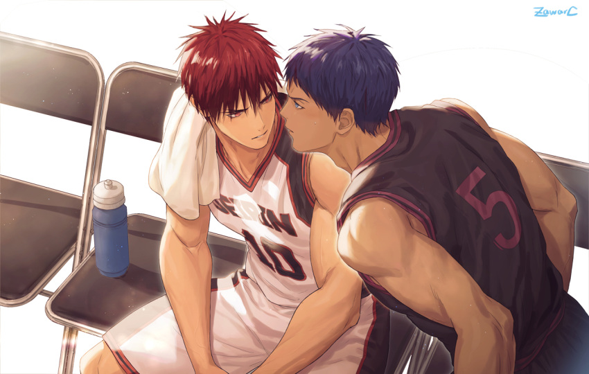 2boys aomine_daiki basketball_uniform blue_eyes blue_hair bottle chair eye_contact feet_out_of_frame jersey kagami_taiga kuroko_no_basuke looking_at_another male_focus multiple_boys parted_lips red_eyes red_hair short_hair shorts signature sitting sportswear sweatdrop tan teeth water_bottle white_background white_towel zawar379